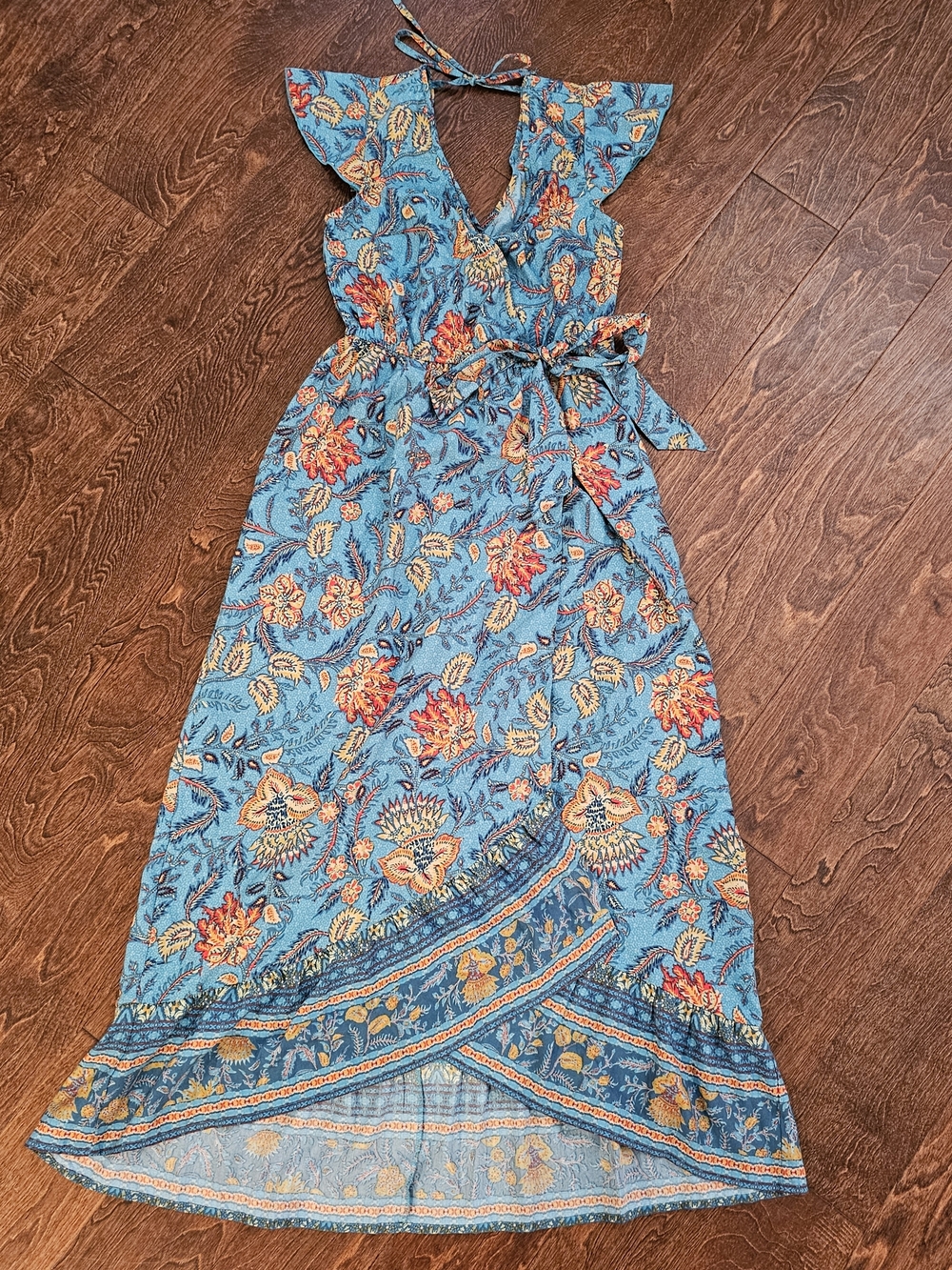 Floral Tie-Waist Midi Dress in Teal Blue